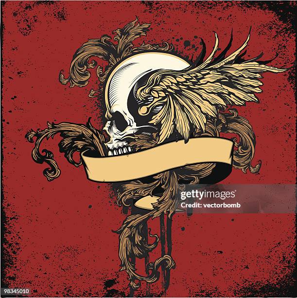 skull profile with wings and banner ornamental tattoo design - skull side vector stock illustrations