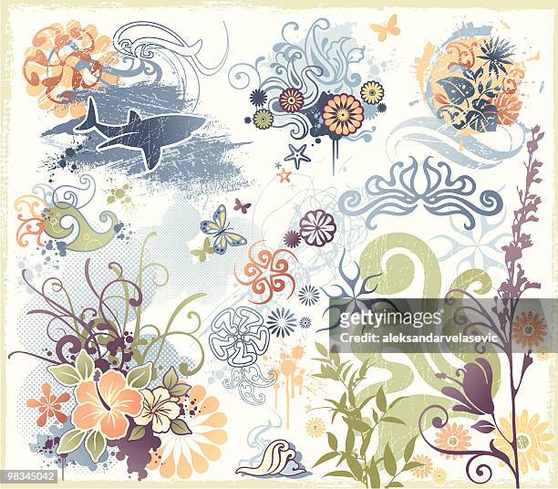 ilustrações, clipart, desenhos animados e ícones de funky elementos de design de tubarões, flores e tema de praia - animal themes