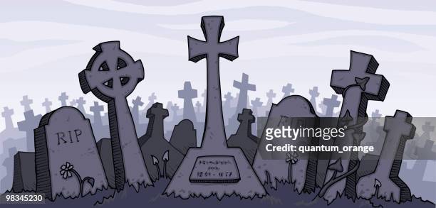 vector illustration of a gray graveyard - gravestone stock illustrations