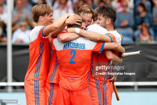 Seve van Ass of Holland celebrates 1-0 with Jeroen Hertzberger of Holland, Robbert Kemperman of Holland during the Champions Trophy match between...