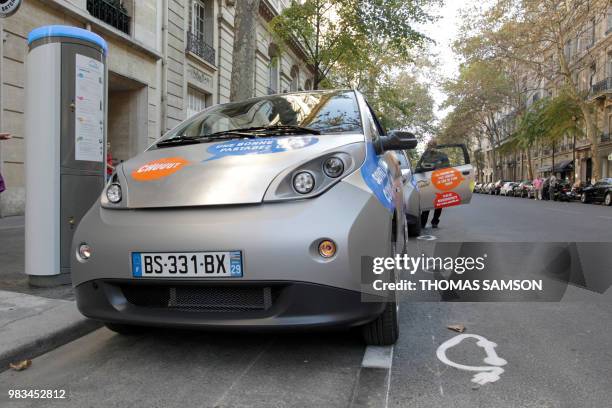 Bluecar is pictured on October 2, 2011 in Paris, at the first day of a test session of the Autolib electric car pick-up service. This test is...