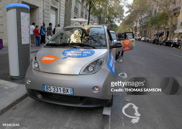 Bluecar is pictured on October 2, 2011 in Paris, at the first day of a test session of the Autolib electric car pick-up service. This test is...