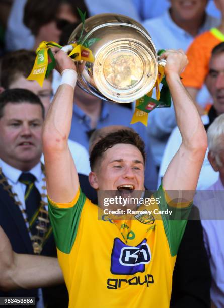 Monaghan , Ireland - 24 June 2018; Darrach O'Connor of Donegal lifts the trophy following the Ulster GAA Football Senior Championship Final match...