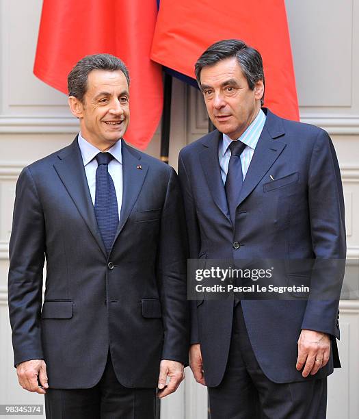 French President Nicoals Sarkozy and French Prime Minister Francois Fillon attend the 28th Franco-Italian Summit at Elysee Palace on April 9, 2010 in...