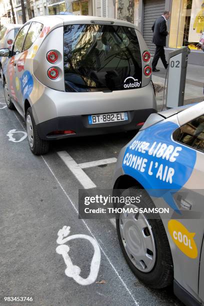 Bluecar is pictured on October 2, 2011 in Paris, at the first day of a test session of the Autolib electric car pick-up service. This test is...