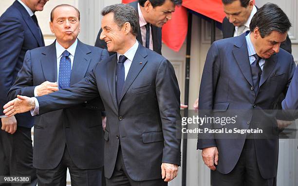 Italian Prime Minister Silvio Berlusconi , French President Nicoals Sarkozy and French Prime Minister Francois Fillon attend the 28th Franco-Italian...