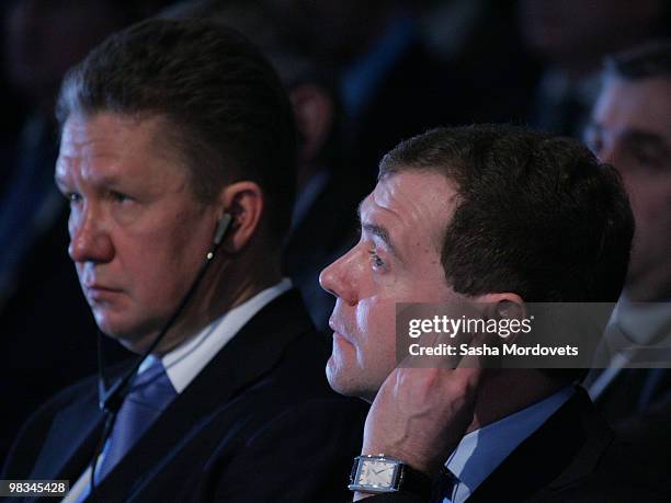 Gazprom's CEO Alexey Miller and Russian President Dmitry Medvedev attend a ceremony to mark the beginning of the construction of Nord Stream offshore...