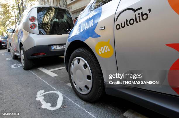 Bluecar is pictured on October 2, 2011 in Paris, at the first day of a test session of the Autolib electric car pick-up service. This test is...