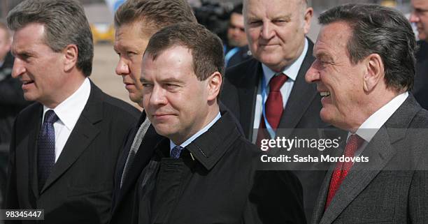 Gazprom's CEO Alexey Miller and Russian President Dmitry Medvedev and Head of the Nord Stream, Former German Chancellor Gerhard Schroeder attend a...