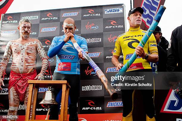 Rip Curl Pro Bells Beach champion Kelly Slater of the United States of America alongside runner up Mick Fanning of Australia on April 9, 2010 in...