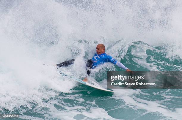 Kelly Slater of the USA winning the 2010 final at the Rip Curl Pro at Johanna Beach on April 9, 2010 in Bells Beach, Australia.