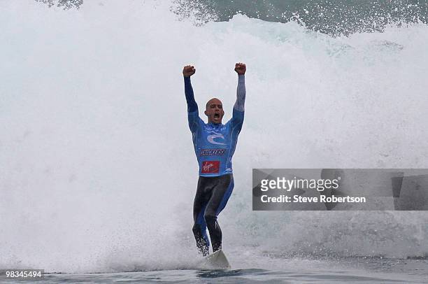 Kelly Slater of the USA wins the Rip Curl Pro at Johanna Beach on April 9, 2010 in Bells Beach, Australia.