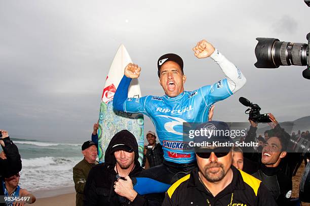 Kelly Slater of the United States of America claims his Rip Curl Pro victory on April 9, 2010 in Johanna, Australia.