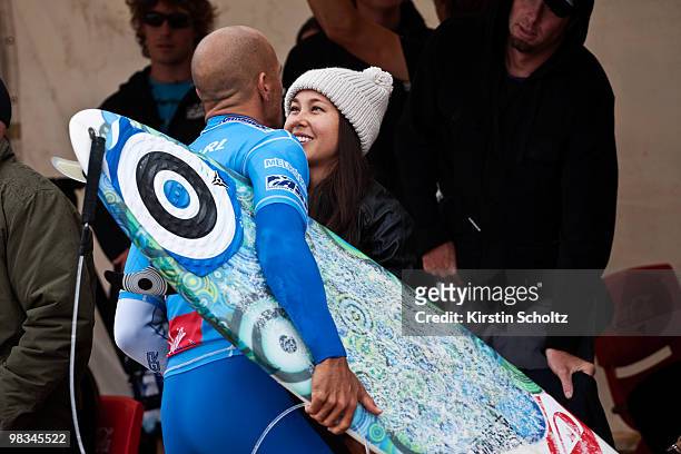 Kelly Slater of the United States of America with his girlfriend Kalani Miller of the United States of America on April 9, 2010 in Johanna, Australia.