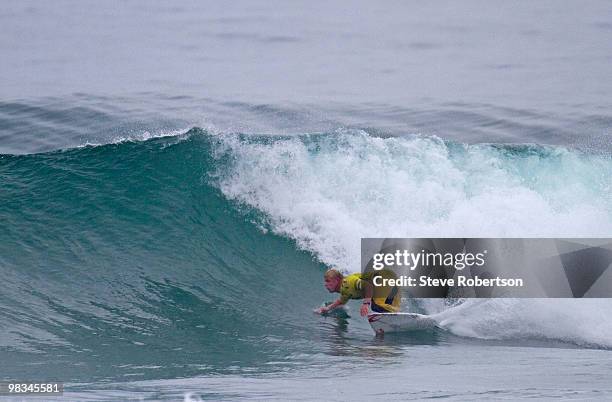 Mick Fanning of Australia placed second in the Rip Curl Pro at Johanna Beach on April 9, 2010 in Bells Beach, Australia.