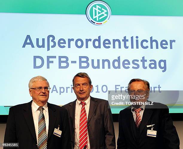 President of the German football association Theo Zwanziger, general secretary Wolfgang Niersbach and president emeritus Gerhard Mayer-Vorfelder pose...