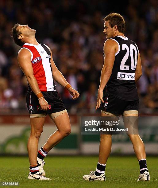 Adam Schneider of the Saints shows his frustration at missing a goal during the round three AFL match between the St Kilda Saints and the Collingwood...