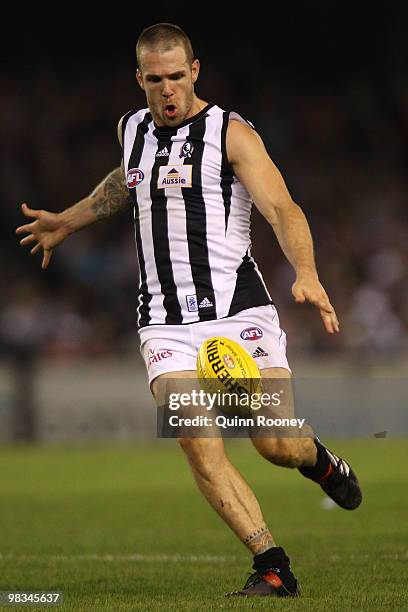 Dane Swan of the Magpies kicks during the round three AFL match between the St Kilda Saints and the Collingwood Magpies at Etihad Stadium on April 9,...