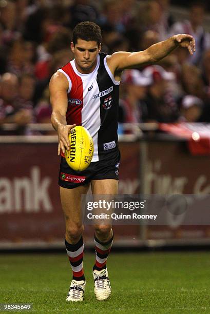 Leigh Montagna of the Saints kicks during the round three AFL match between the St Kilda Saints and the Collingwood Magpies at Etihad Stadium on...