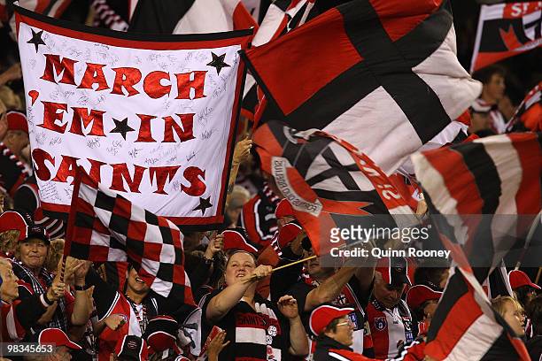 Saints fans show their support during the round three AFL match between the St Kilda Saints and the Collingwood Magpies at Etihad Stadium on April 9,...