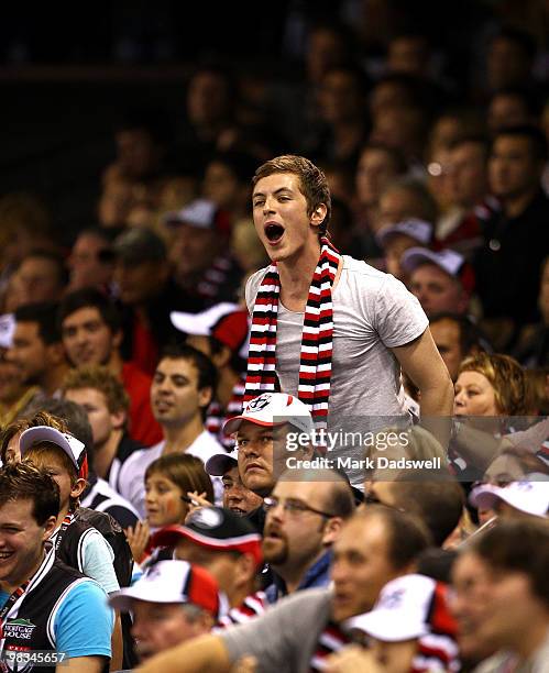 St Kilda fan yells abuse at Collingwood players during the round three AFL match between the St Kilda Saints and the Collingwood Magpies at Etihad...