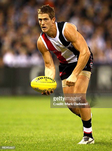Nick Dal Santo of the Saints hanballs during the round three AFL match between the St Kilda Saints and the Collingwood Magpies at Etihad Stadium on...