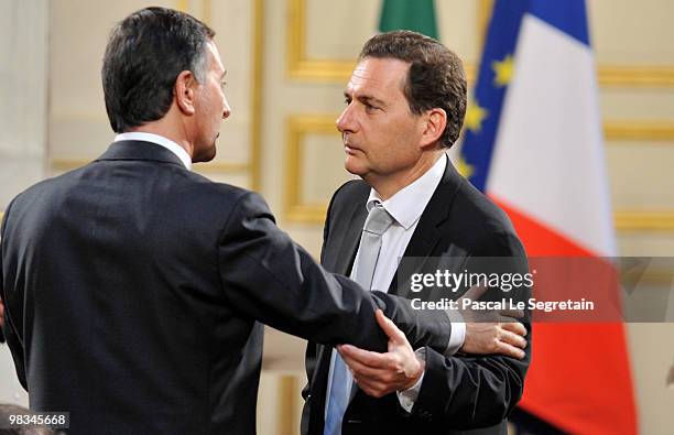 France's immigration Minister Eric Besson and Italian Minister of foreign affairs, Franco Frattini attend the 28th Franco-Italian Summit at Elysee...