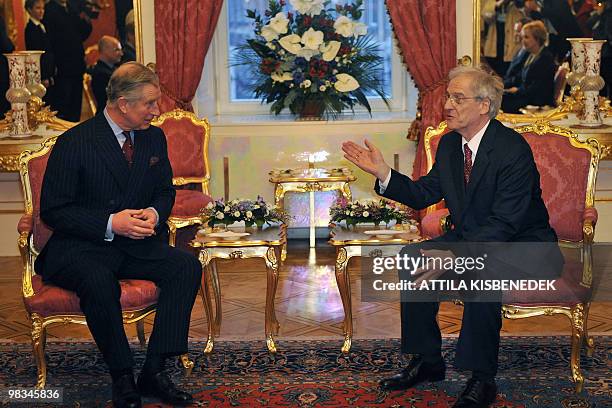 Britain's Prince Charles and Hungarian President Laszlo Solyom chat in the Maria Theresia Hall of the presidental palace in Budapest on March 17,...