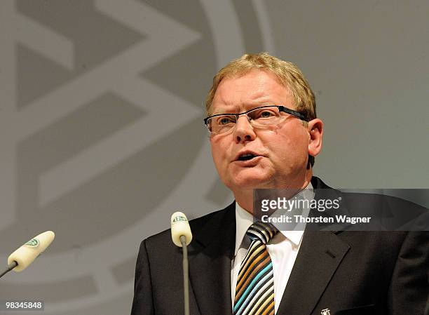 Vice president Hermann Korfmacher talks during the German Football Association Bundestag at the Steigenberger Airport Hotel on April 9, 2010 in...
