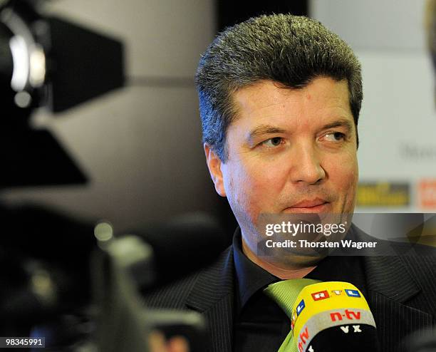 New head of german referees Herbert Fandel gives an interview to German television during the German Football Association Bundestag at the...