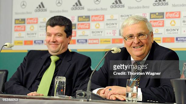 New head of referee Herbert Fandel and president Theo Zwanziger attend the press conference during the German Football Association Bundestag at the...
