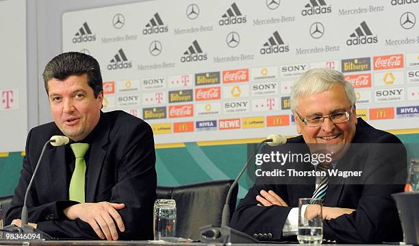 New head of referee Herbert Fandel and president Theo Zwanziger attend the press conference during the German Football Association Bundestag at the...