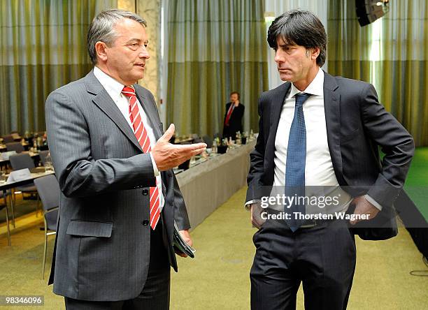 General secretary Wolfgang Niersbach and head coach of German National Football team Joachim Loew talk during the German Football Association...