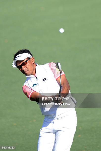 Thongchai Jaidee of Thailand chips onto the second green during the second round of the 2010 Masters Tournament at Augusta National Golf Club on...
