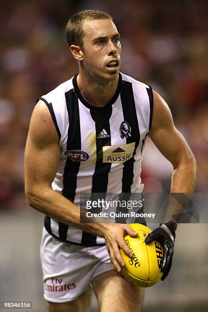 Nick Maxwell of the Magpies kicks during the round three AFL match between the St Kilda Saints and the Collingwood Magpies at Etihad Stadium on April...