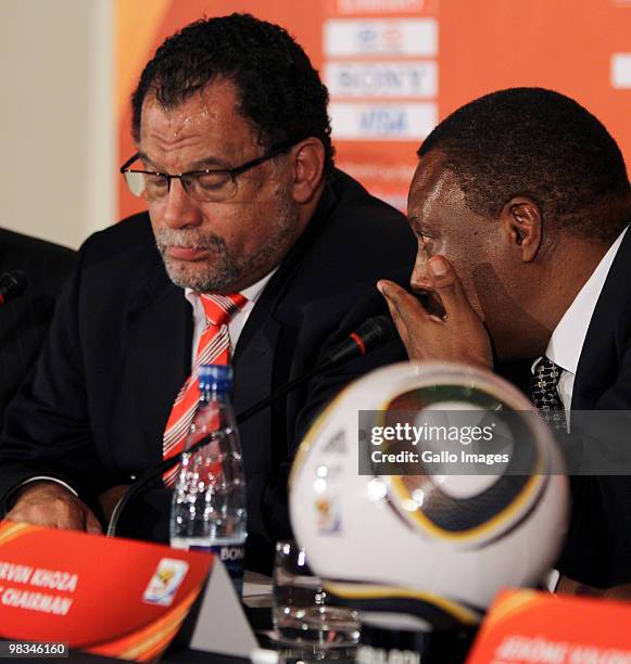 Irvin Khoza speaks with Dr. Danny Jordaan during a press conference on April 8, 2010 in Pretoria, South Africa. FIFA aim to reassure world media...