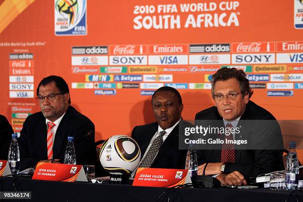 Dr. Danny Jordaan , Irvin Khoza and Jerome Valcke speak during a press conference on April 8, 2010 in Pretoria, South Africa. FIFA aim to reassure...