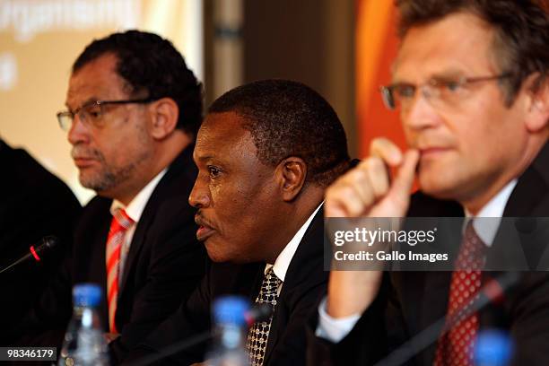 Dr. Danny Jordaan , Irvin Khoza and Jerome Valcke speak during a press conference on April 8, 2010 in Pretoria, South Africa. FIFA aim to reassure...