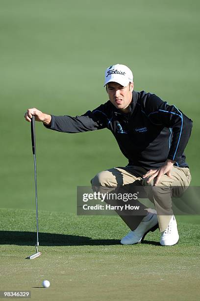 Ross Fisher of England lines up a putt on the second green during the second round of the 2010 Masters Tournament at Augusta National Golf Club on...