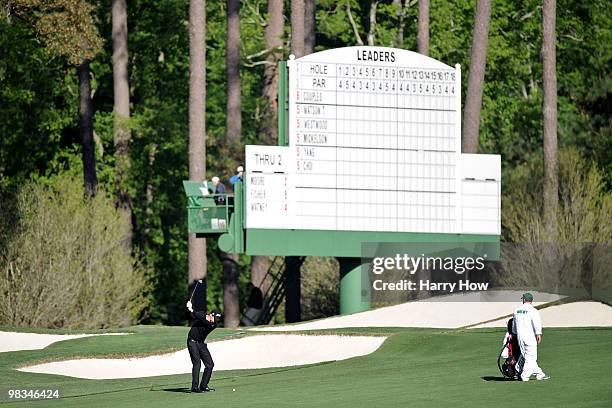 Nick Watney plays a shot on the third hole during the second round of the 2010 Masters Tournament at Augusta National Golf Club on April 9, 2010 in...