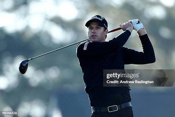 Nick Watney hits a tee shot on the first hole during the second round of the 2010 Masters Tournament at Augusta National Golf Club on April 9, 2010...