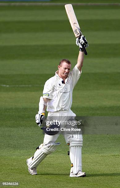 Chris Rogers of Derbyshire celebrates his century during the LV County Championship, Division two match between Surrey and Derbyshire at The Brit...