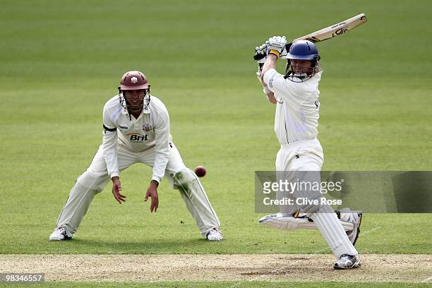 Chris Rogers of Derbyshire in action during the LV County Championship, Division two match between Surrey and Derbyshire at The Brit Oval on April 9,...