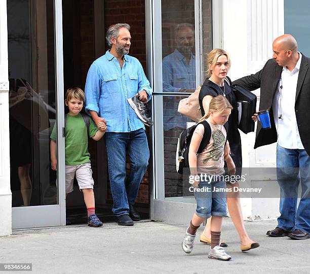 Sam Mendes, Kate Winslet and their children are seen on the streets of Manhattan on April 8, 2010 in New York City.