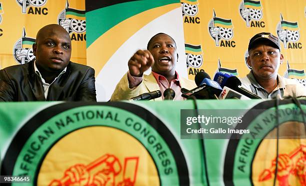 South Africa's ANC Youth League leader Julius Malema speaks during a press conference on April 8, 2010 in Johannesburg, South Africa. Malema attacked...