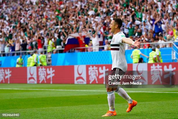 Javier Hernandez of Mexico celebrates after scoring the second goal of his team during the 2018 FIFA World Cup Russia group F match between Korea...