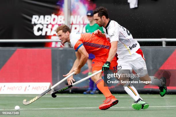 Roel Bovendeert of Holland, Loick Luypaert of Belgium during the Champions Trophy match between Holland v Belgium at the Hockeyclub Breda on June 24,...