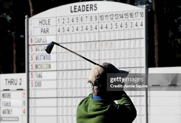 Ben Crenshaw plays a shot on the fourth hole during the second round of the 2010 Masters Tournament at Augusta National Golf Club on April 9, 2010 in...