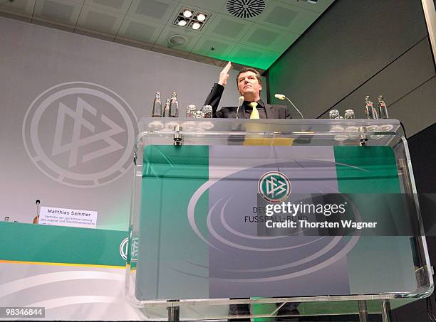 New head of German referee Herbert Fandel speaks during the German Football Association Bundestag at the Steigenberger Airport Hotel on April 9, 2010...