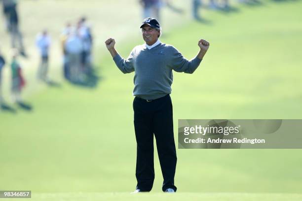 Fred Couples stretches on the first fairway during the second round of the 2010 Masters Tournament at Augusta National Golf Club on April 9, 2010 in...